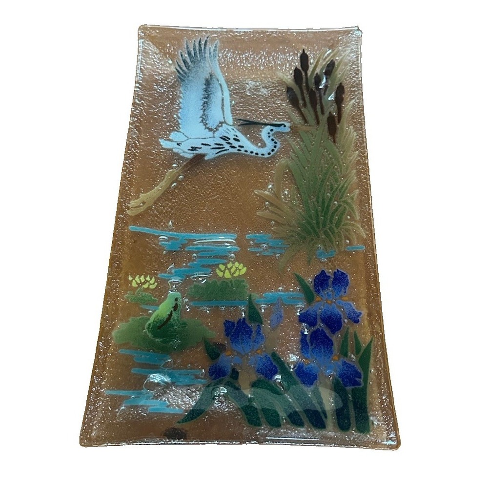 Handmade Fused Glass Tray Egret Marsh Scene Floral Water Bird Artist Signed